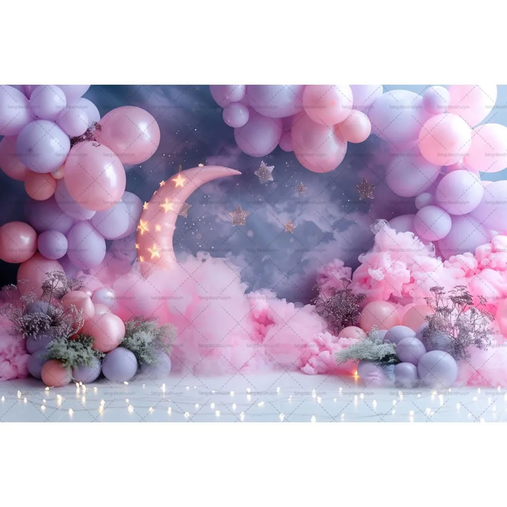 Fotografie Hintergrund Verträumte Sternenwand Lila Ballon Mond Dekor Geburtstag Party Kinder Porträt Hintergrund Foto Studio