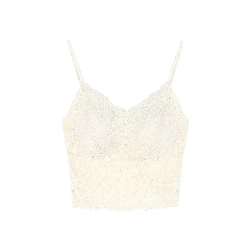 

Mesh Flower Slim Lace Crop Top Sweet Bottoming Shirt Girl's Vest Top Spring And Summer Spicy Girls Style Camisole with Pads