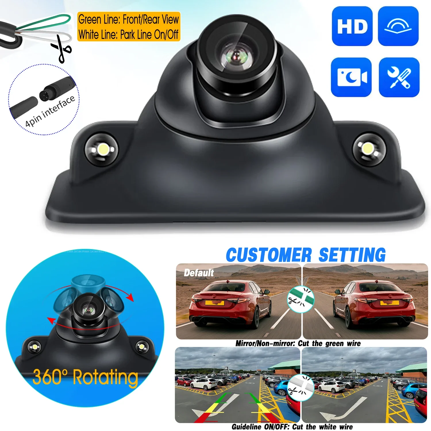 

Car Backup Camera 360° Rotating with 2 LED & Parking Guide Lines, HD Night Vision Car Rear View Camera /Front Camera /Side Rever