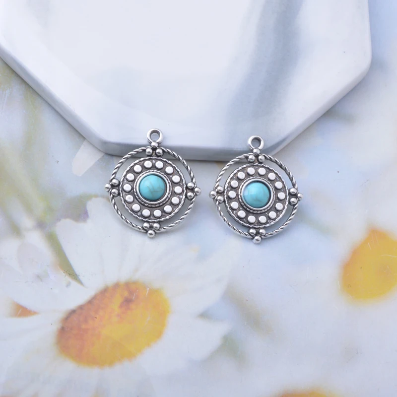 10pcs Antique Silver Color Alloy Imitation turquoise stone Round Connector Heart Water Drop  Leaf Charms Jewelry Pendants