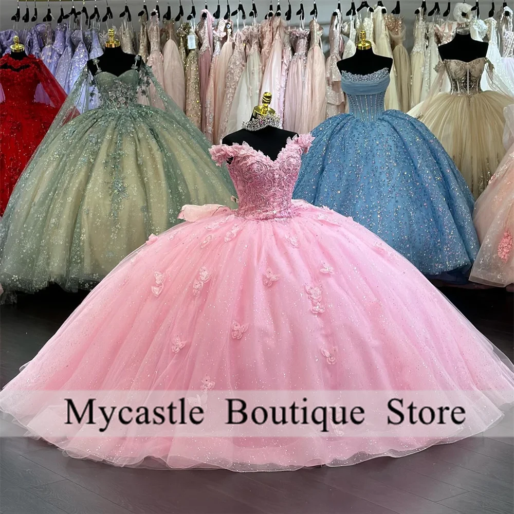 Robe de bal en dentelle rose, avec des Appliques, robes de Quinceanera, avec nœud floral, perles, épaules dénudées, douce 16, robe d'anniversaire personnalisée, 2025