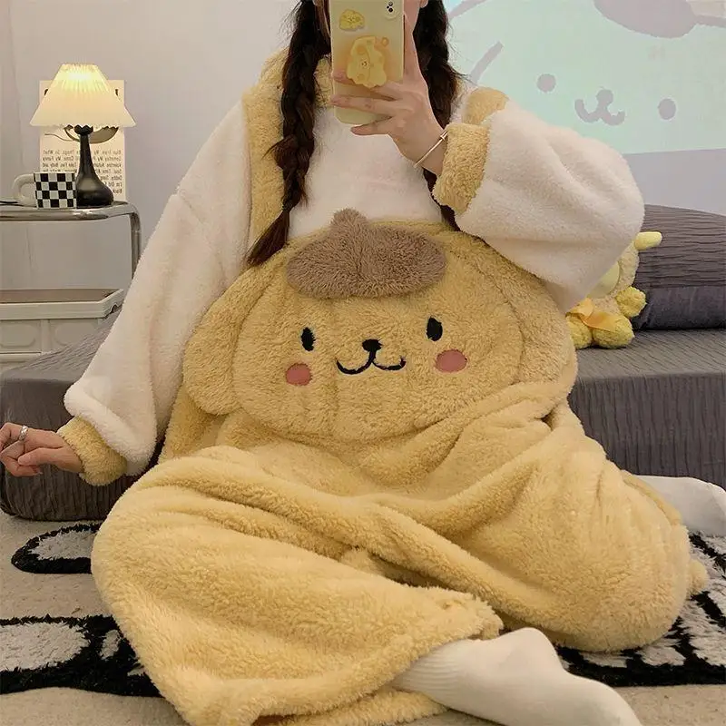 Sanrio Girl Thickening Winter One-Piece Garment Kawaii Hangyodon Comic Go Out Keep Warm Robe Bathrobe Fashion Leisure Wear New