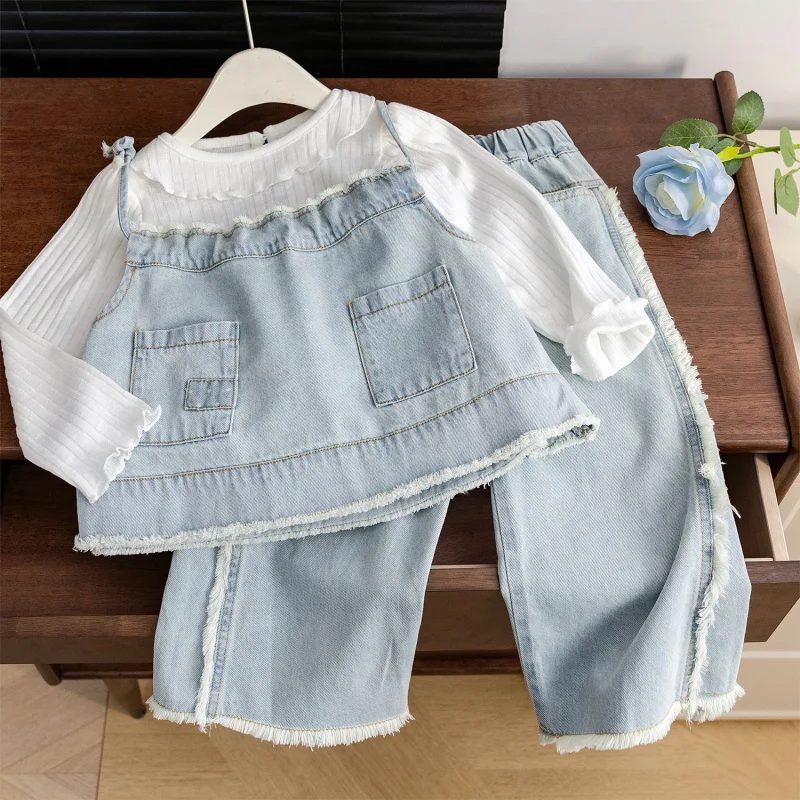 Kxkm-Korean Girls Simple Sweet Denim Suit24New Wooden Ear Denim Sling Three-Piece Set Fashion Trending Sets