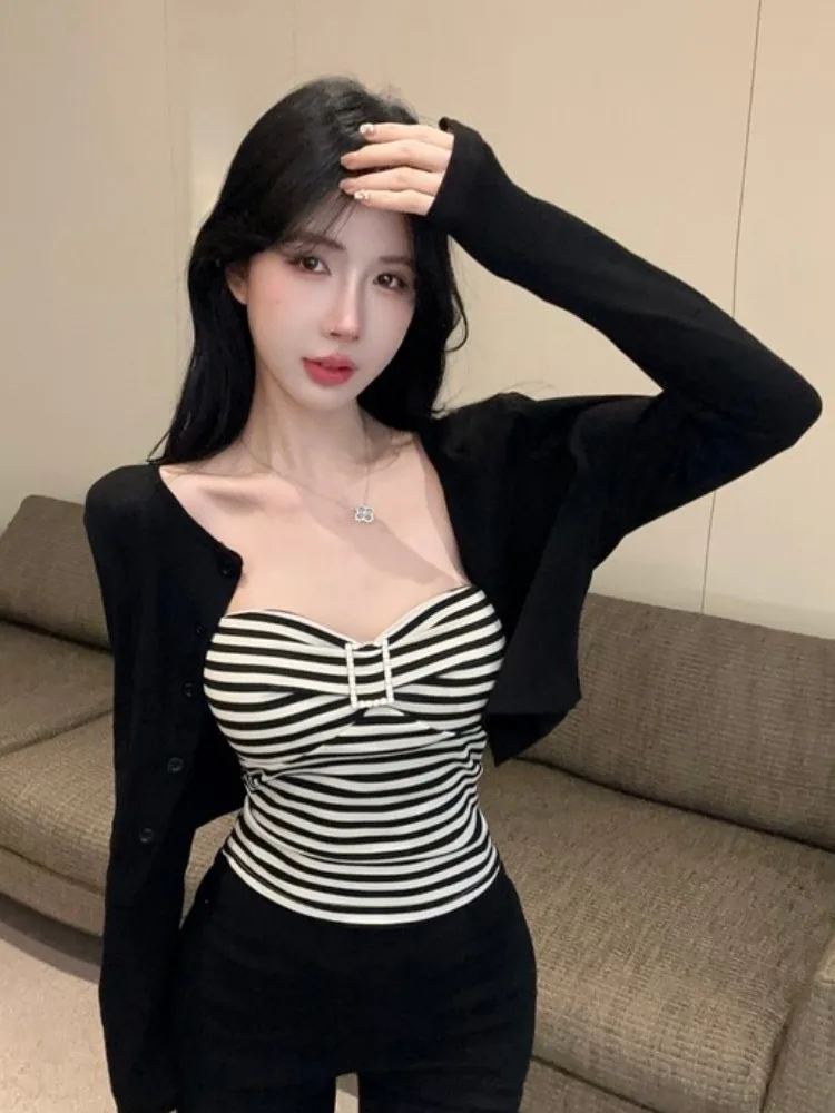 

Spicy Short Black Long Sleeve Open Cardigan Women's Autumn Retro Striped Waist-Cinching Tank Top Fashionable Two-Piece Set