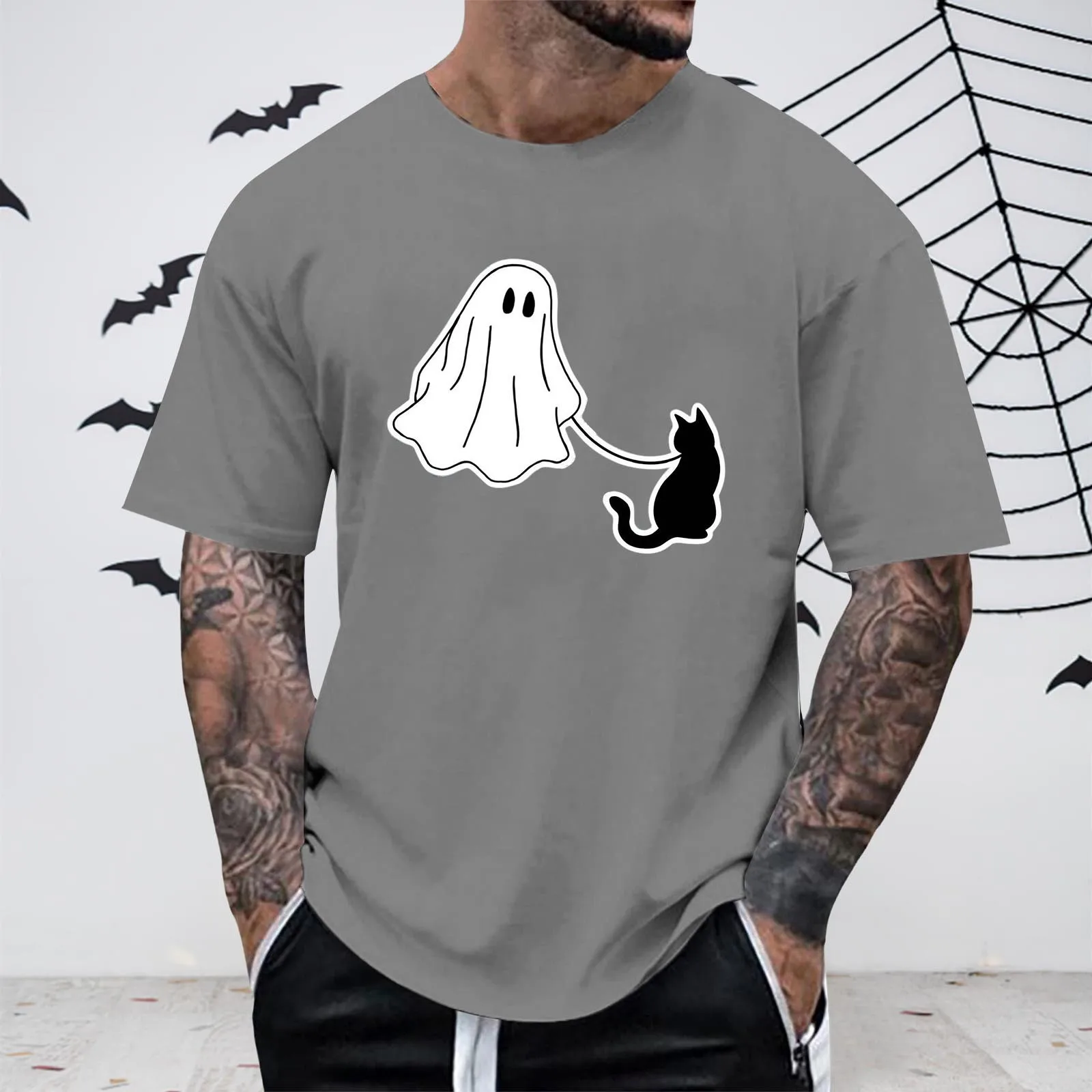 

Прогулочная собака Мужская Печать Хэллоуин тема Повседневный Crewneck кровавая графическая Фотографическая рубашка Печатный однотонный короткий топ для мужчин