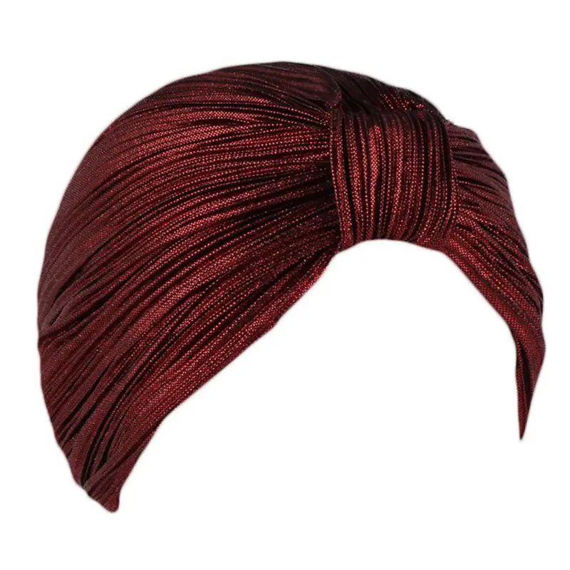 Women Elastic Knotted Pleated Turban Beanie for Head Scarf Wrap Chemo  Shiny Metallic Muslim Hijab Hat for Cancer Pat