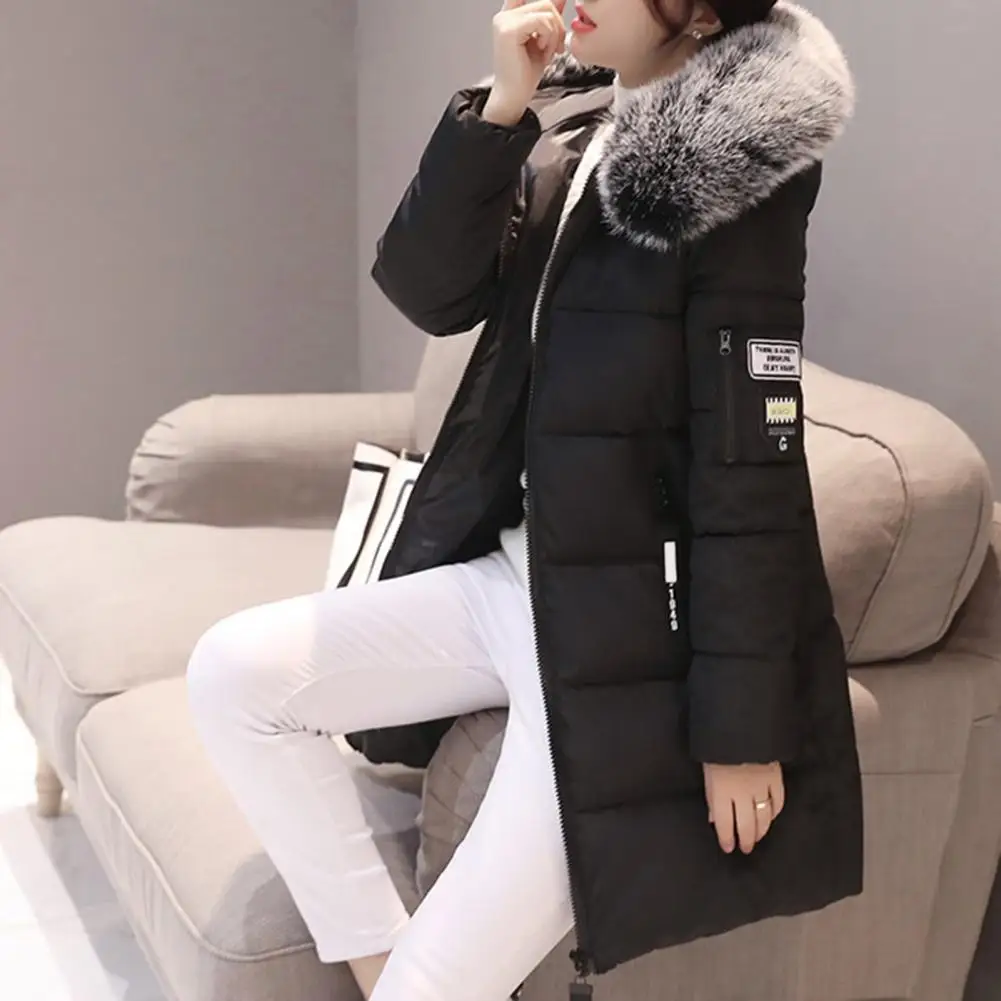 Women Hooded Winter Coat Stylish Women\'s Winter Cotton Coat Thickened Windproof Warm with Hood Zipper Pockets Slim Fit Lady Down