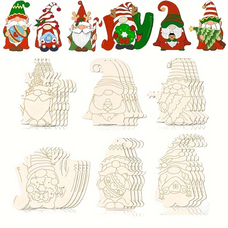 

24 шт. деревянные рождественские украшения в виде гнома для елки, набор для рукоделия «сделай сам» с рисунками на подкладке, идеально подходит для праздничного домашнего декора на Рождество