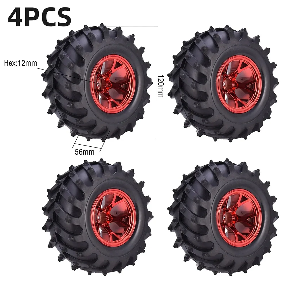 

4pcs Heavy Duty 120mm Off-Road Monster Truck Tyres 12mm Hexagonal Rims Wear Resistant RC Crawler Upgrade for 1/10 Traxxas SCX10