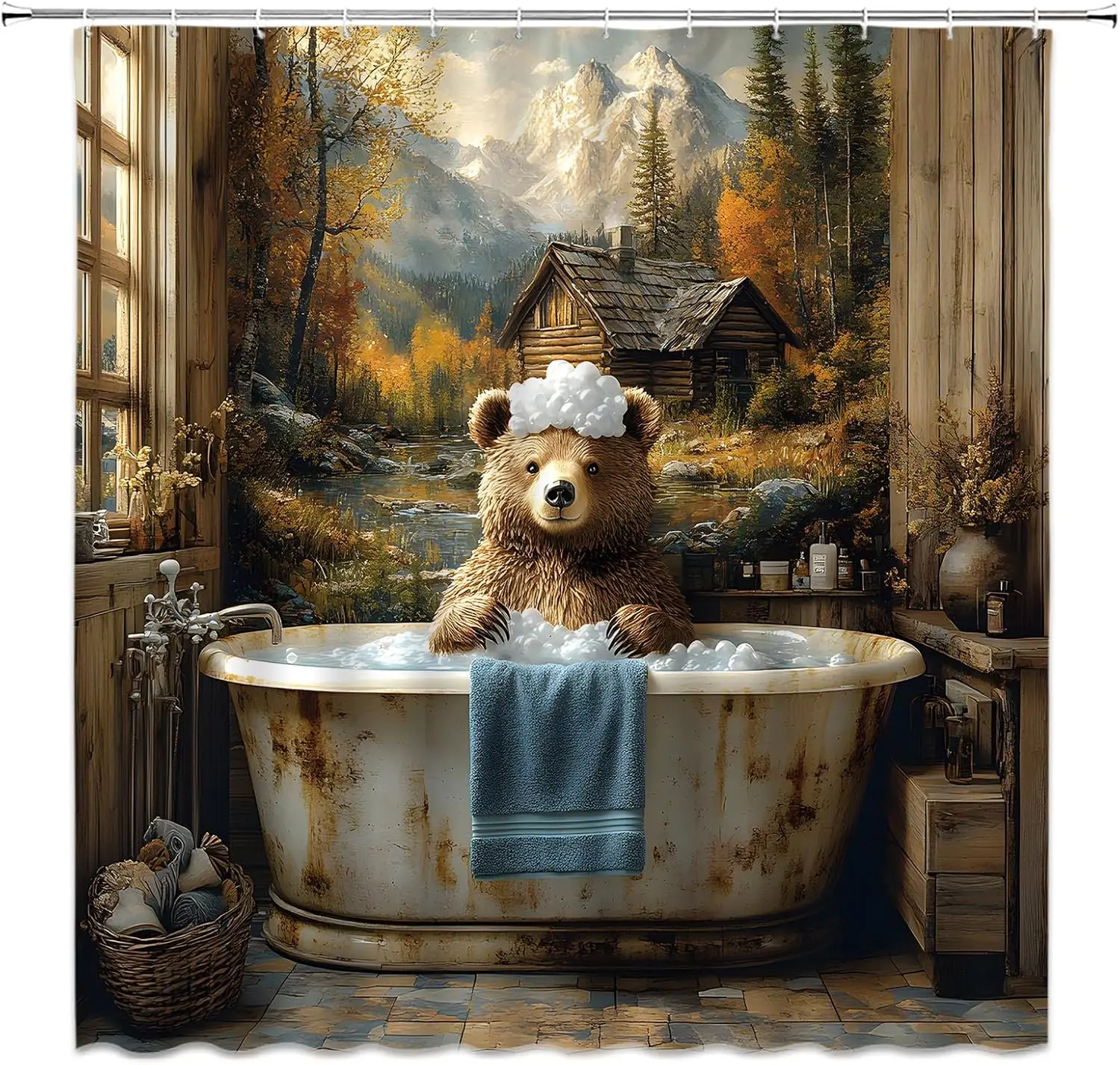 

Занавеска для душа для купания «Уютный медведь», сцена в деревенском стиле, водонепроницаемая ткань, уникальный декор для ванной комнаты для детей и взрослых, 72x72 дюйма