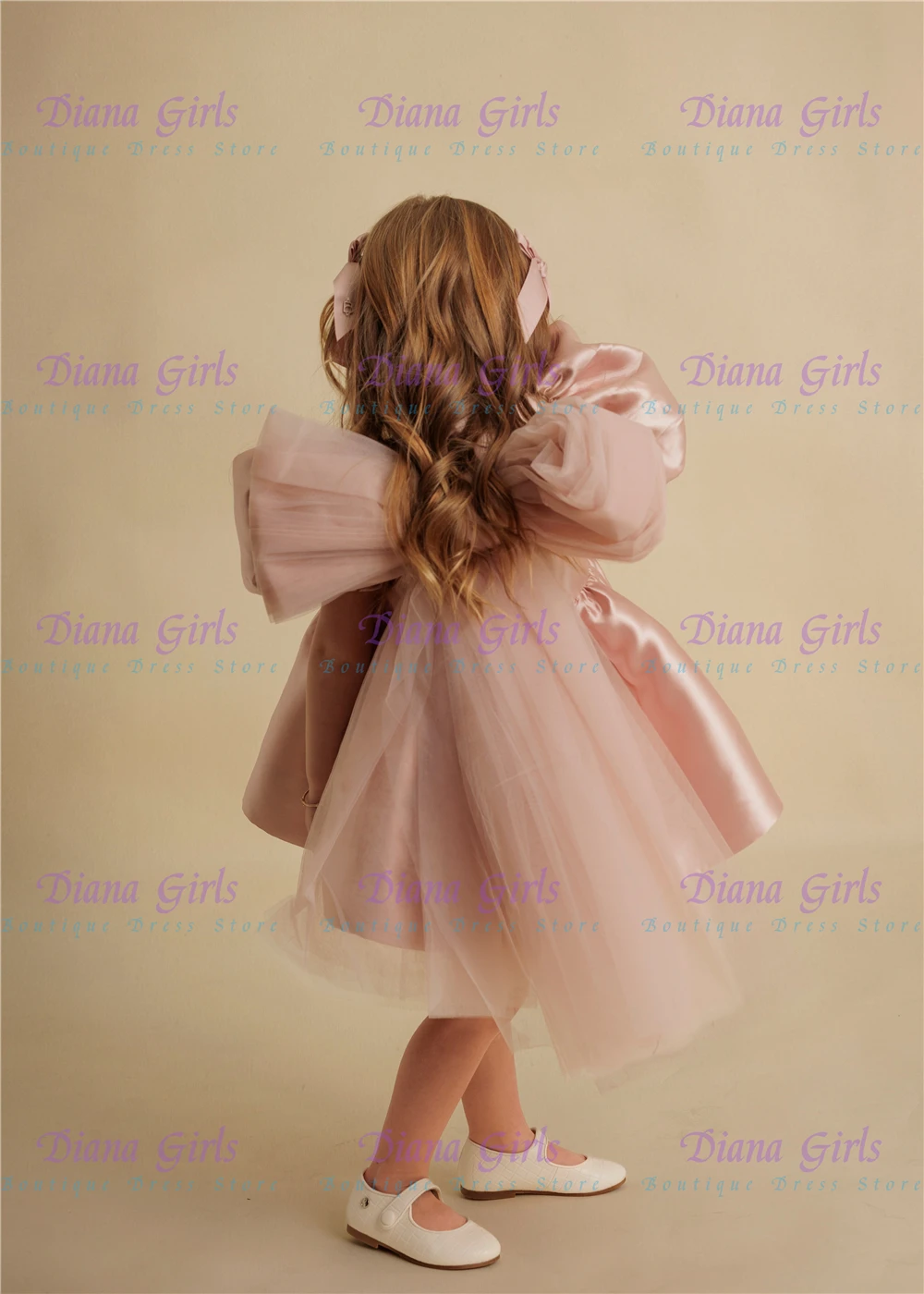 Lovely Little Baby Flower Girl Dress Pink Satin With Tulle Fluffy Long Bow Belt For Wedding Ball Dresses Kids Birthday Gowns