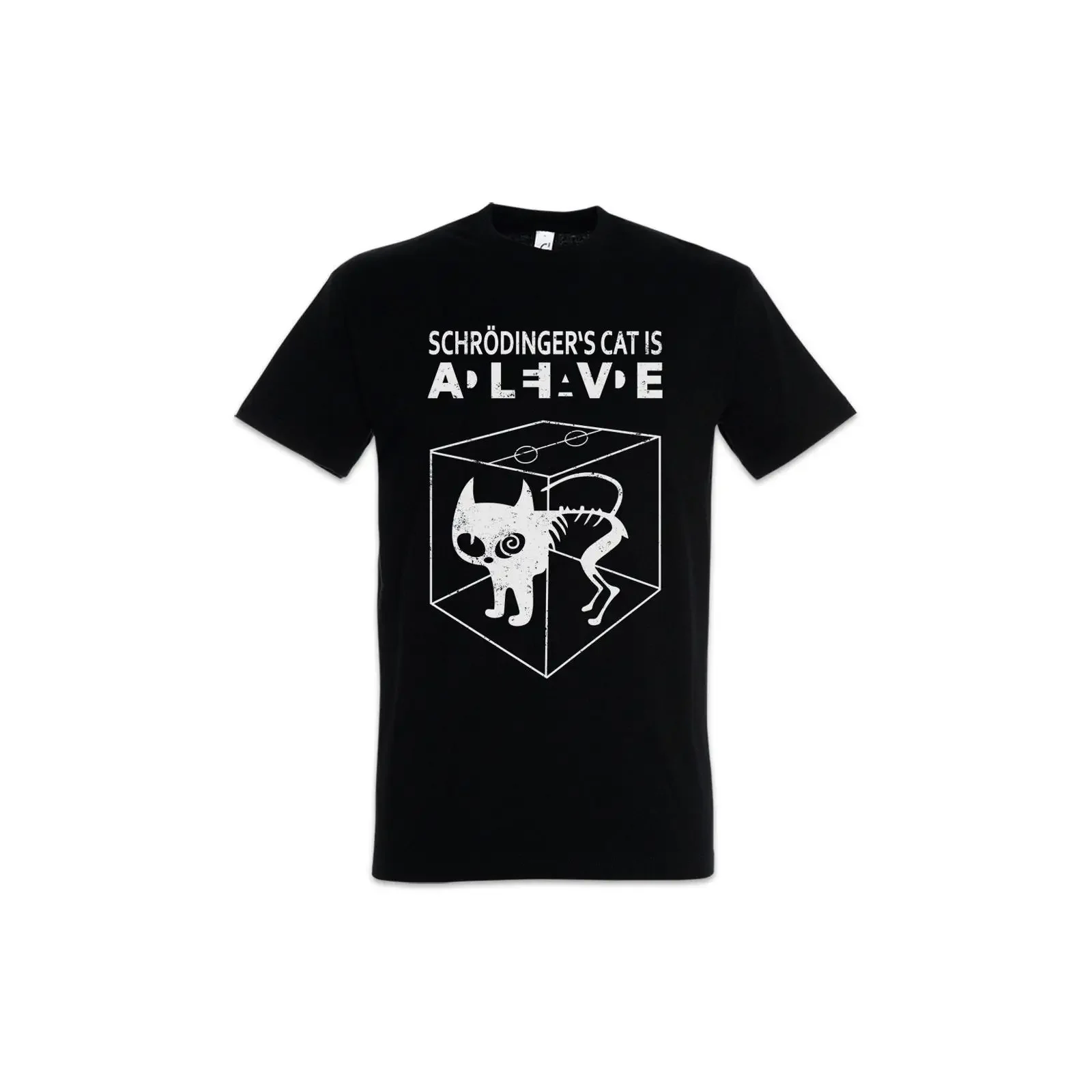 T-shirt Unisexe Décontracté Vintage Lavé Extensible avec Motif Graphique « Chat de Schrödinger Vivant ou Mort » – Science et Physique Amusantes pour Hommes, Style Geek Nerd