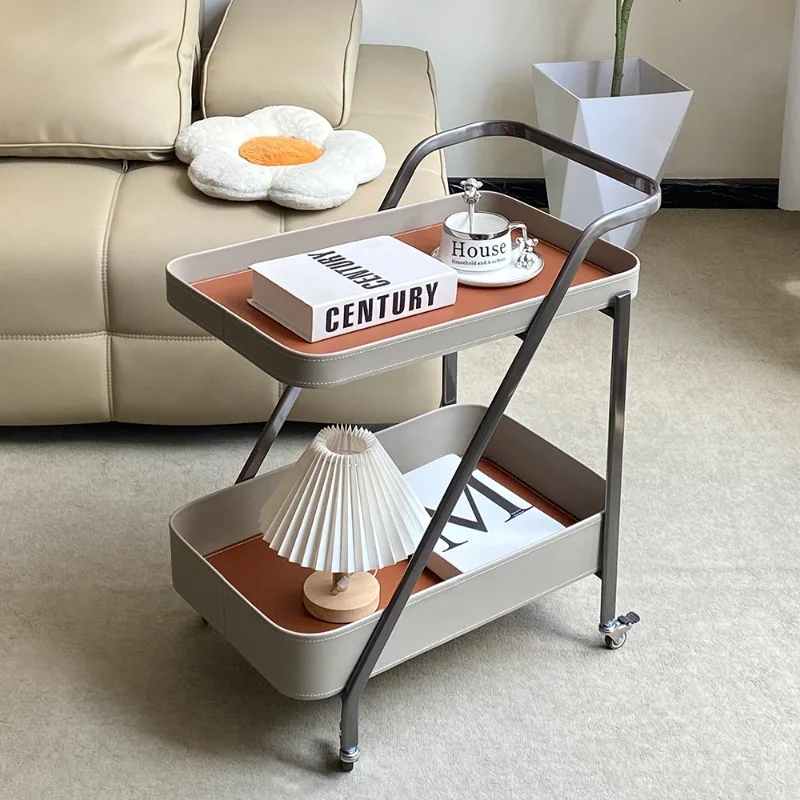 

Minimalist Mobile Cart Saddle Leather & Stainless Serving Trolley Premium Portable Sofa Side Table