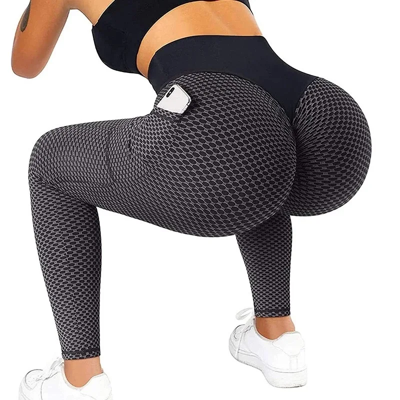 Women Plus Size Pocket Yoga Pants High Waist Elastic Push Up Fitness Sports Leggings Girls Gym Workout Honeycomb Sweatpants