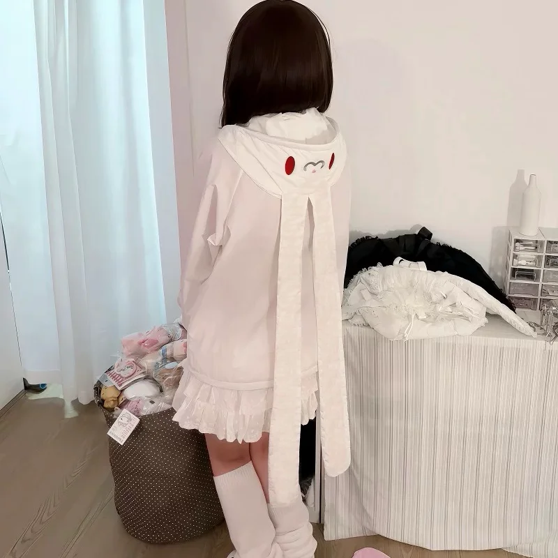 Women Kawaii Long Bunny Ear Hood Sun Protection Jacket Lightweight Thin Zip Up Coat Japanese Harajuku Cute Aesthetic Outerwear