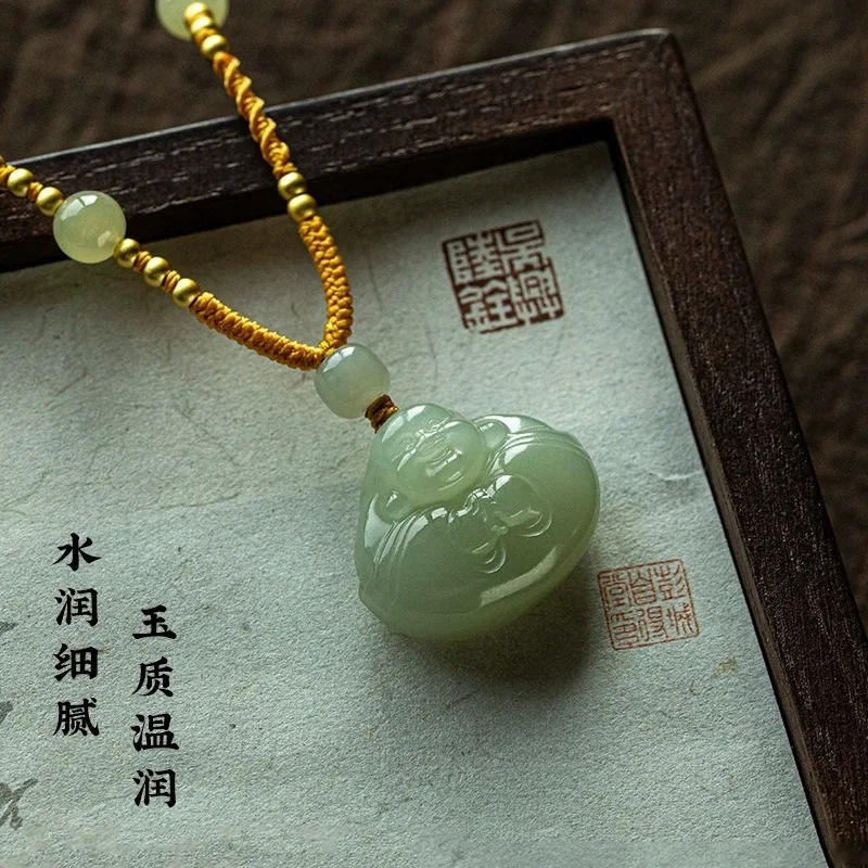 

Natural Hetian Jade Hugging Buddha Sweater Necklace Light Blue Belly Buddha Pendant Adjustable Rope Necklace Gifts