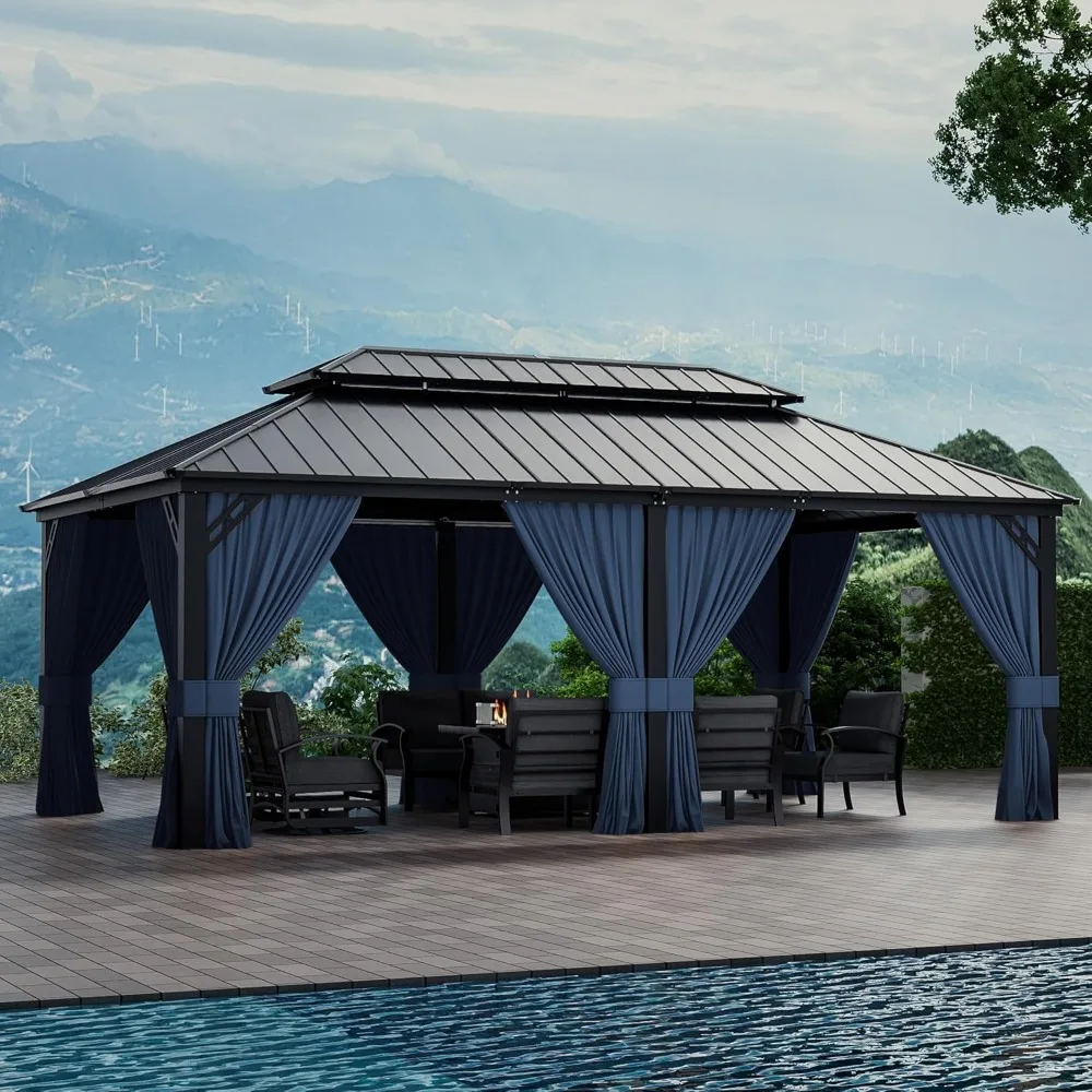 

12x20ft Hardtop Gazebo Double Roof, Outdoor Pavilion with 2-Layer Hard top Galvanized Iron Frame Garden Tent