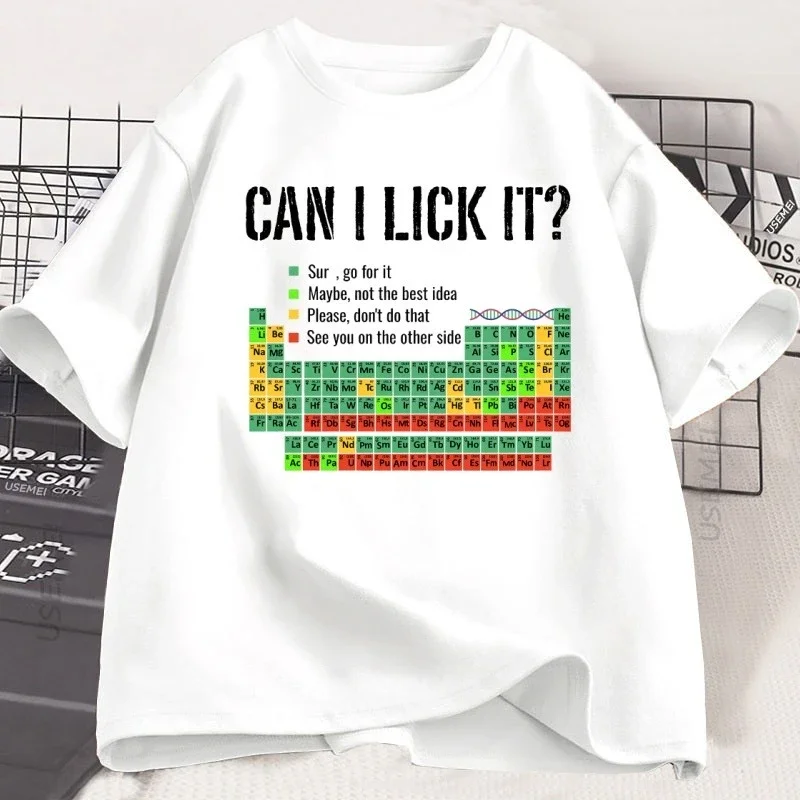Can I Lick It Periodic Table T Shirt Men Women Periodic Table T-shirt Casual Chemistry Teacher Tshirt Round Neck Short Sleeve