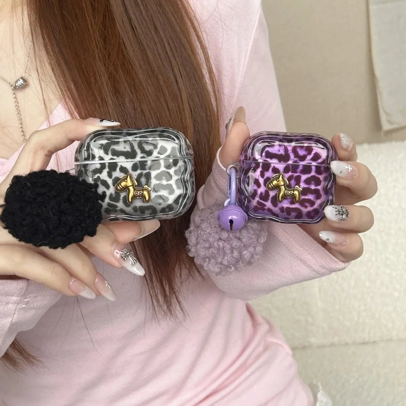 Fashion Leopard Print Cute Earphone Case For Apple Airpods 4 3 Pro 3 2 Cover with Plush Ball Pendant Silicone Headphone Cases Ca