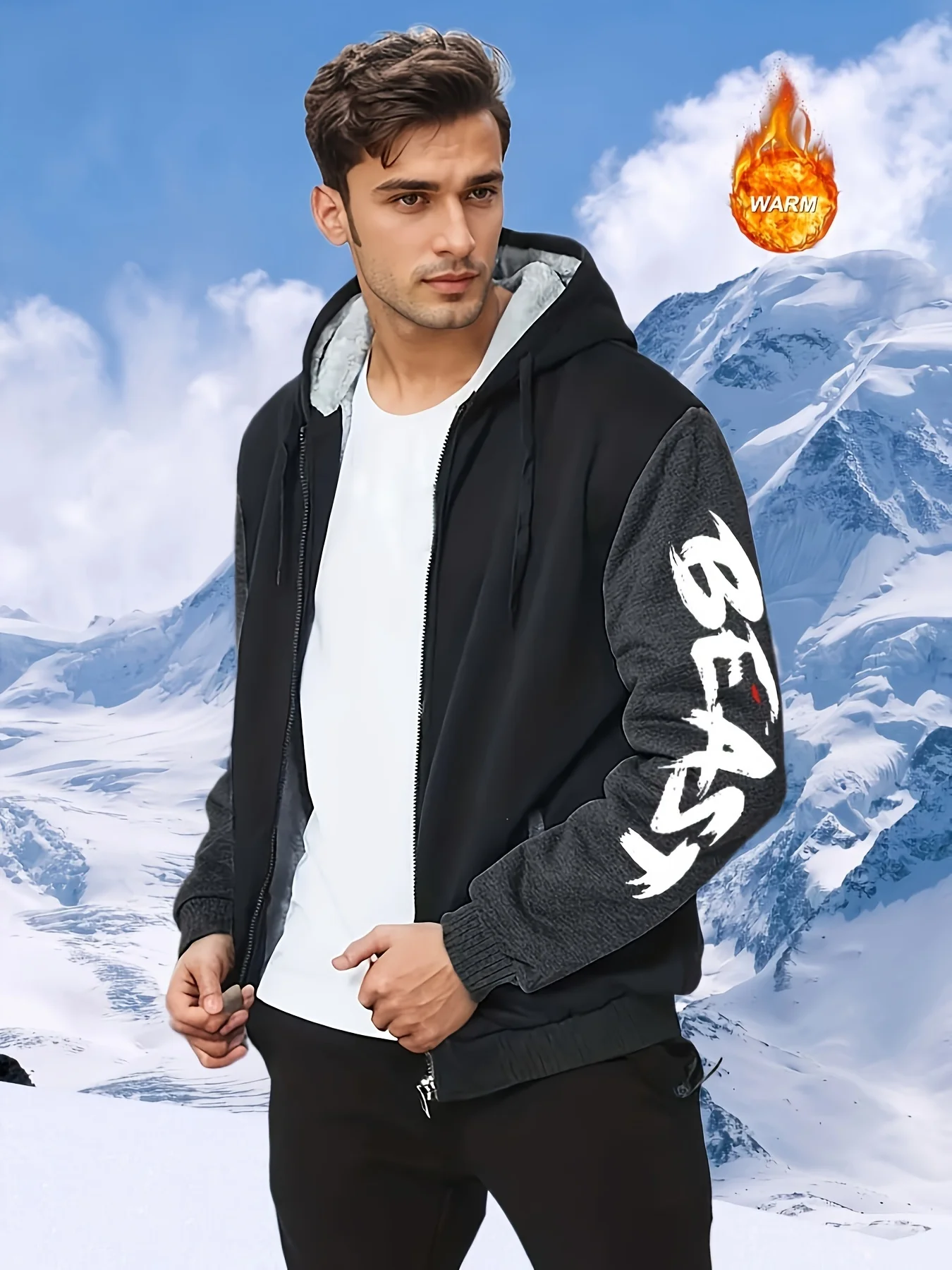 

Мужская куртка на молнии с капюшоном на флисовой подкладке и графическим принтом Beast - черный зимний теплый повседневный пуловер для пеших прогулок в тренажерном зале