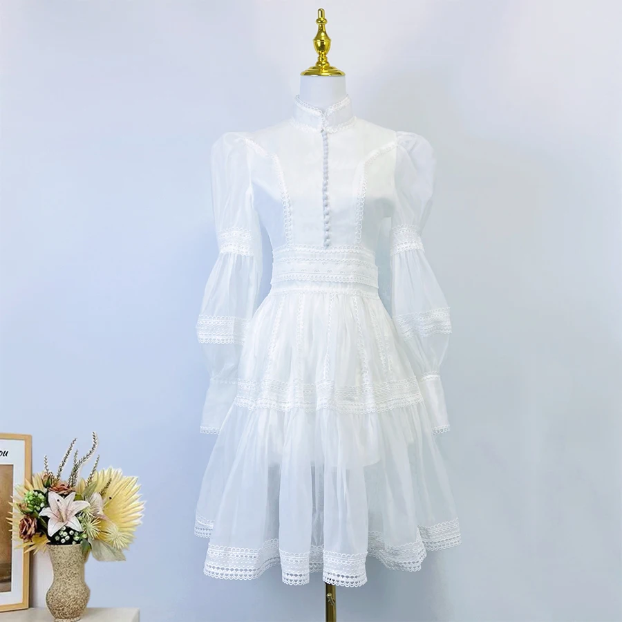 Runway Designer Embroidery Lace Patchwork Party Night Dress High Quality Lantern Sleeve Stand A Line Vintage Elegant Dress