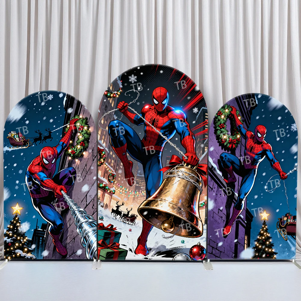 

Spider-Man Arch Backdrop Cover Christmas Bell Wreath Festive Comic City Style Birthday & Baby Shower Party Photo Booth