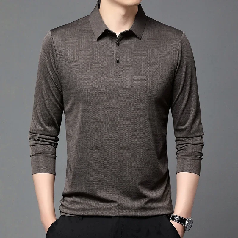 New Men\'s Business Casual Long Sleeved Shirt Solid Color Polo Shirt Fashionable Breathable Comfortable Versatile Top