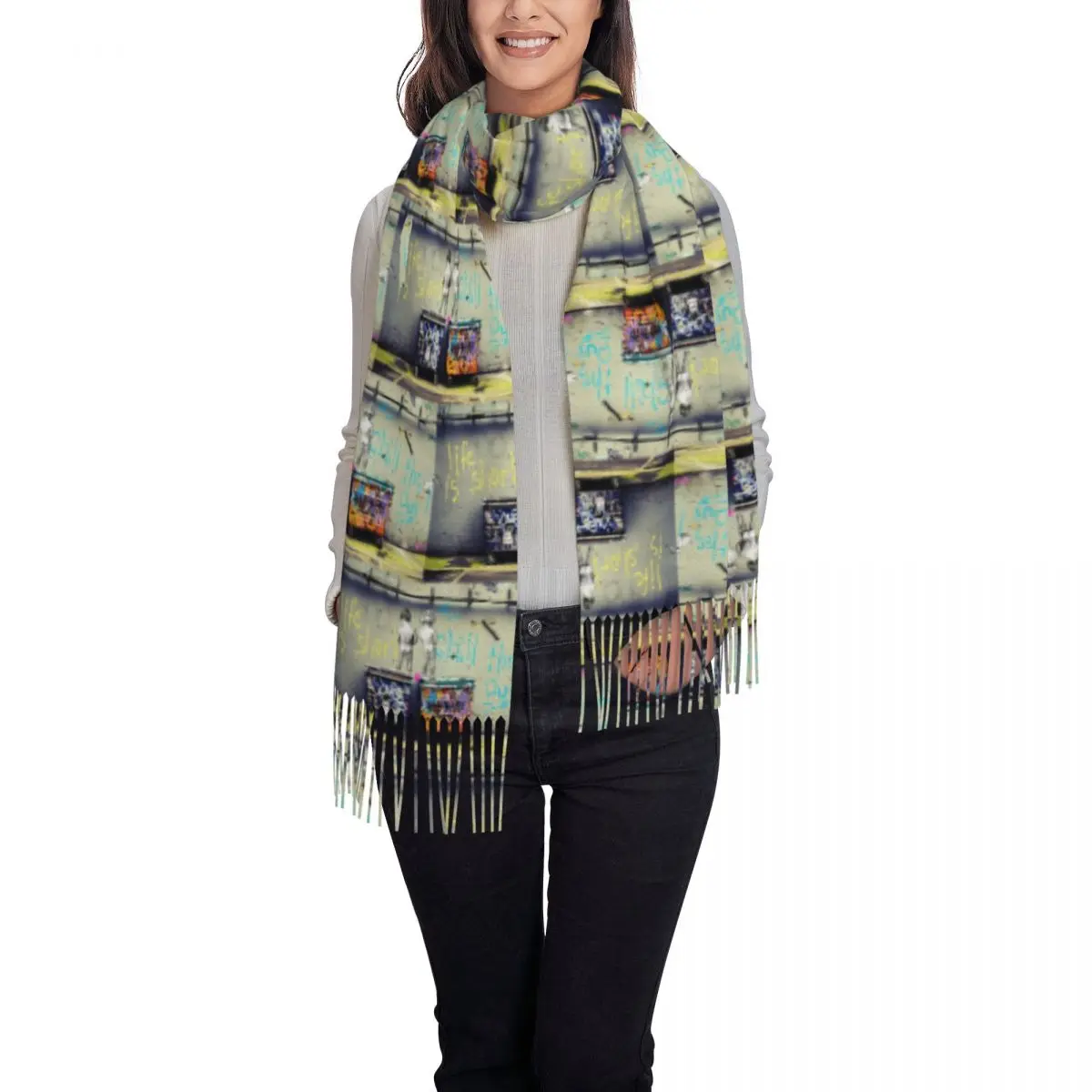 Syal Banksy Street Pop Art Chill The Duck Out dengan Rumbai, Syal Wanita Lembut dan Hangat, Selendang Besar untuk Musim Gugur dan Musim Dingin