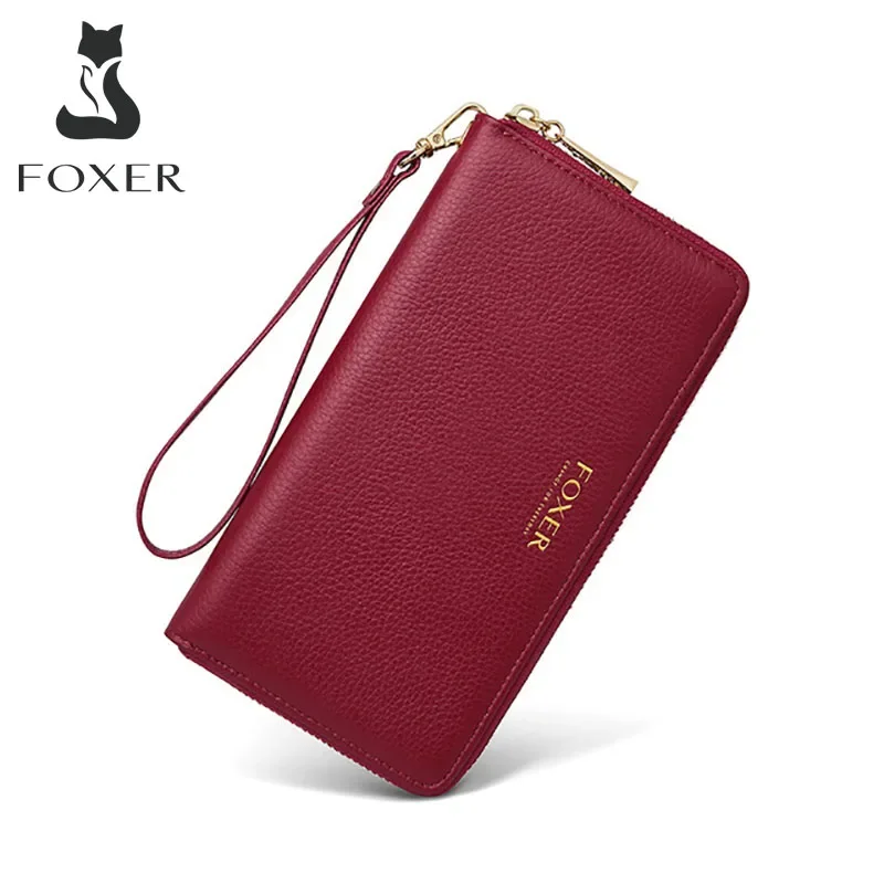 FOXER Women Split Leather Wallet Female Long Clutch Bags with Wristlet Lady Card Holder Wallets Coin Purse Cellphone Bag 256001F