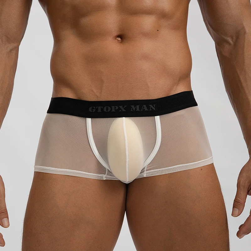 Calções boxer transparentes ultra-finos para homens, roupa interior sexy, transparente, malha pura, calcinha respirável, bolsa convexa em U, cuecas