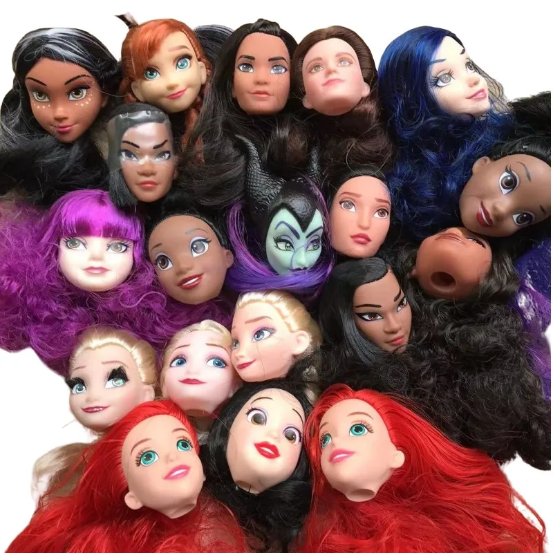 Disney Princess Girl Doll Head Children Play House Toy Girl Collection Doll Figure Heads Colorful Hair Doll Parts