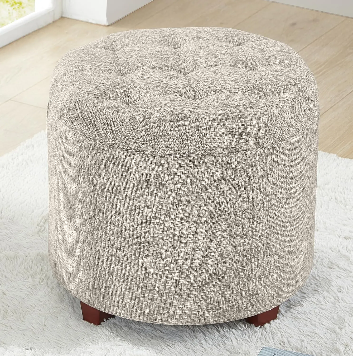 

Decor Round Ottoman with Storage, Round Vanity Chair Stool Ottoman Pouf with Storage for Living Room and Bedroom, Linen Beige