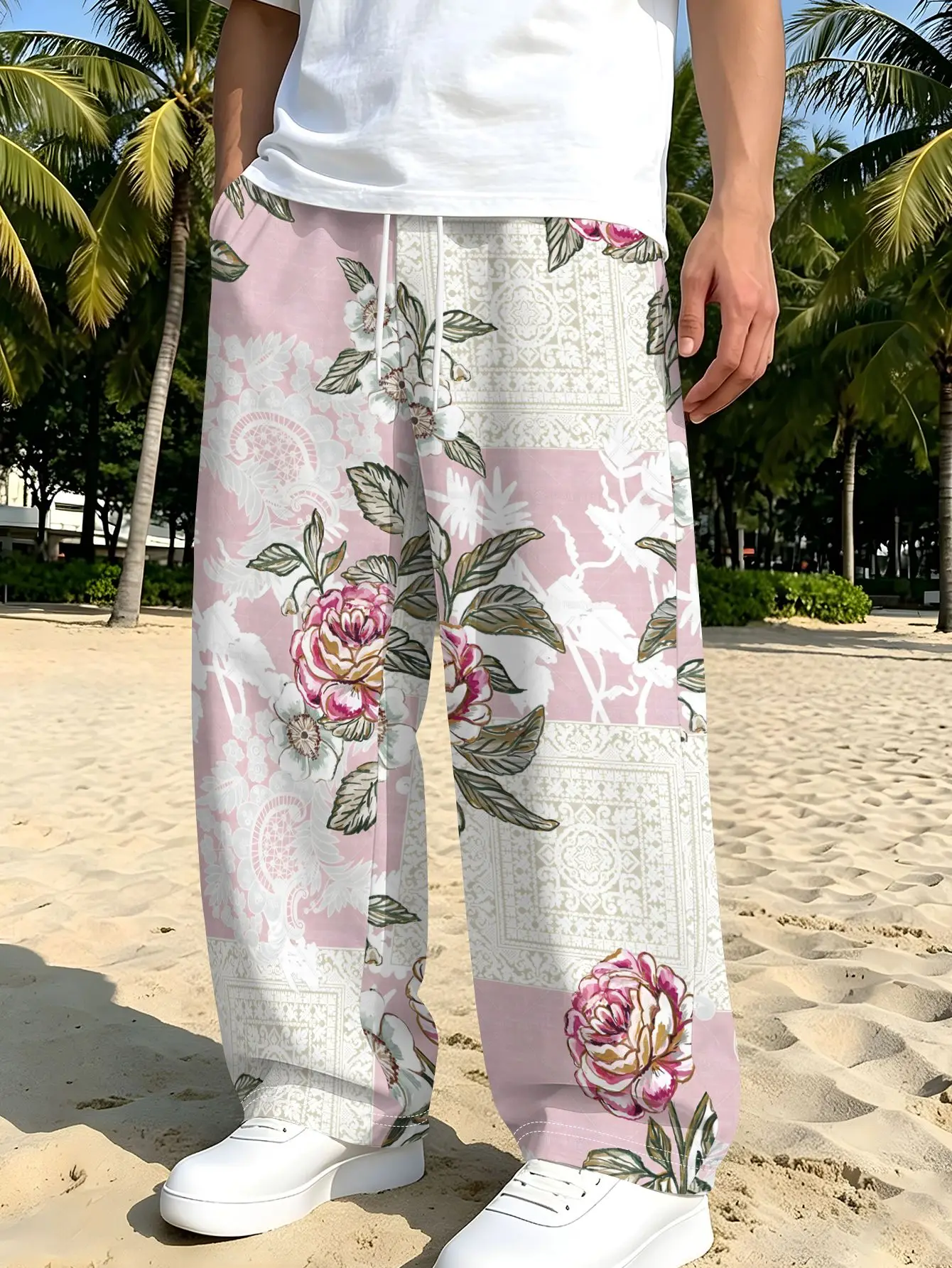 Pink and White Vintage Floral Print Men's Straight-Leg Trousers