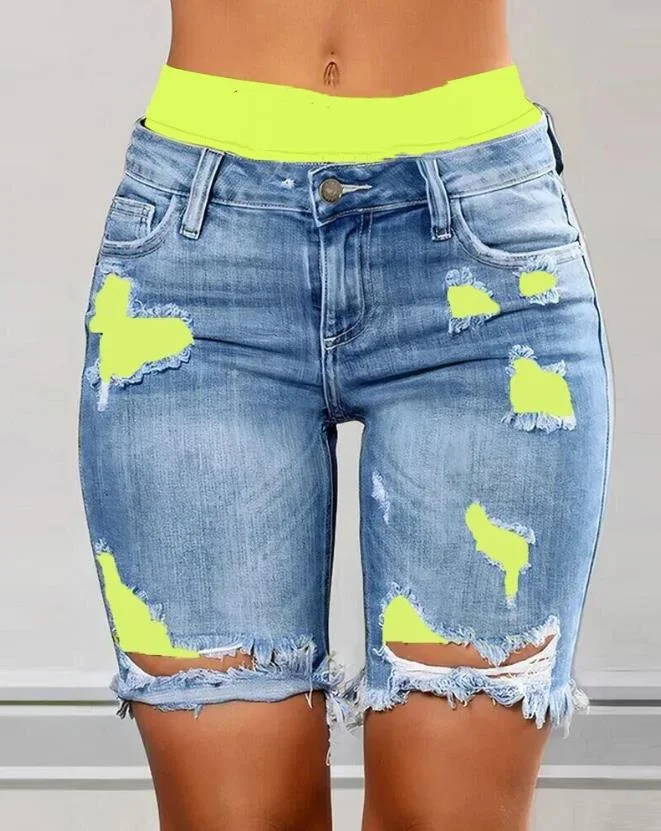 Women's 2024 summer color blocking letter print split two in one casual fashion denim shorts