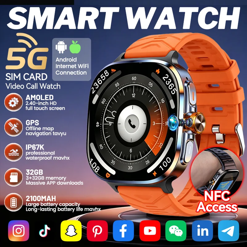 New Men Fashion 5G Smart Watch WiFi 32GB Memory Google Maps Social App Download Video Call 2MP 2100mAh Women AMOLED Smartwatches