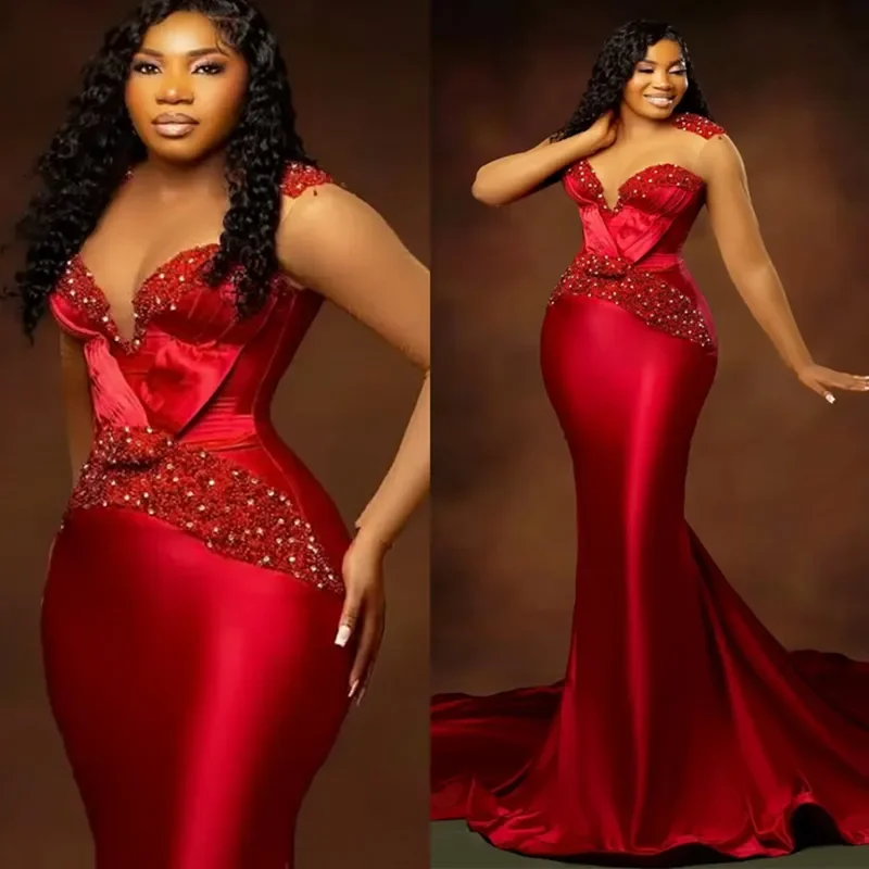 

Customized New Red Mermaid Ball Dress With Pearl Fold Transparent Lace Long Sleeve Beauty Pageant Party Evening Dress 2025