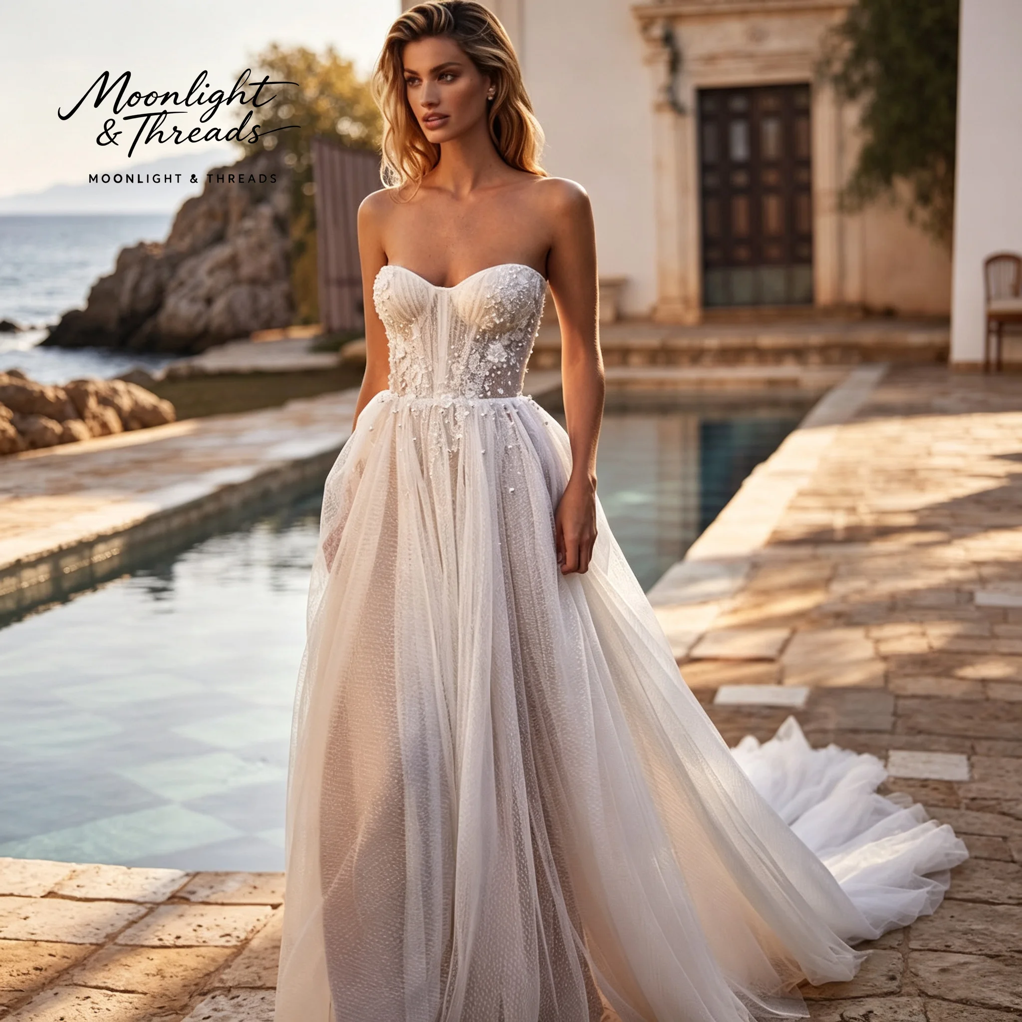 

White strapless sleeveless floor-length A-line formal wedding gown featuring beadwork and embroidery