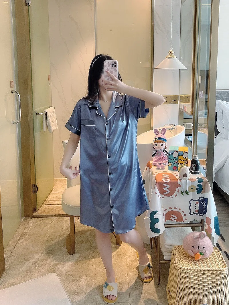 Sexy Women Nightgown Lapel Short Sleeve Sleepshirts Satin Silk Cardigan Nightdress Hot Nighty Summer Nightgowns Mini Pajamas