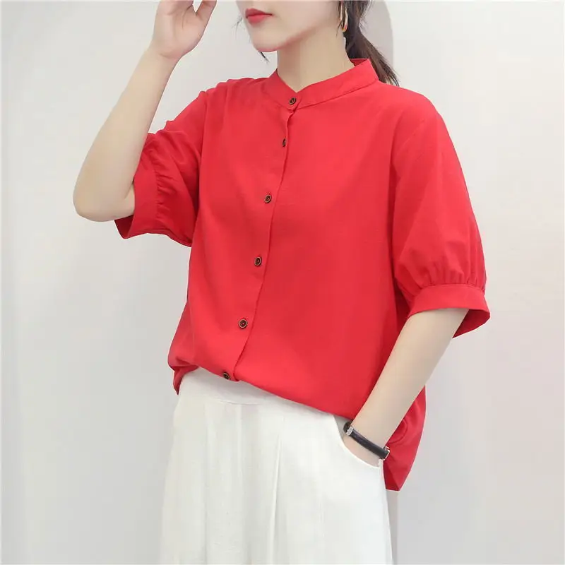 Women Summer Vintage Simplicity Loose Solid Color Appear Thin O-neck Short Sleeve Shirts Women Clothes Fashion All-match Tops