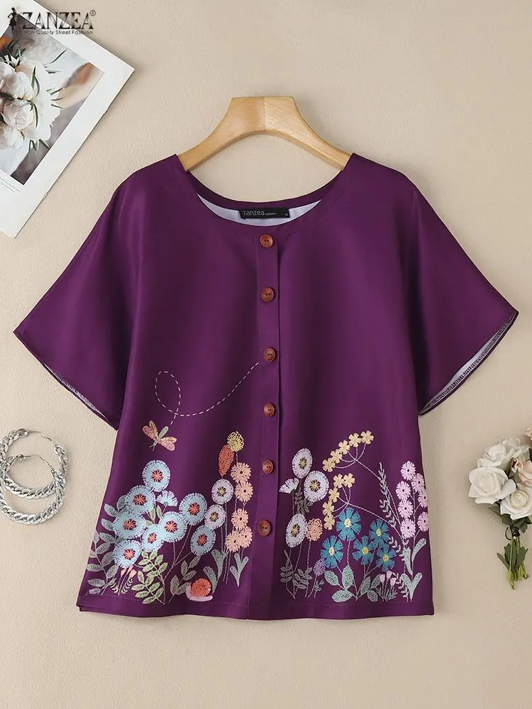 ZANZEA البوهيمي الأزهار طباعة البلوزات المرأة الصيف 2025 س الرقبة قصيرة الأكمام أزرار بلايز كل يوم لباس غير رسمي ملابس امرأة S-3XL #1