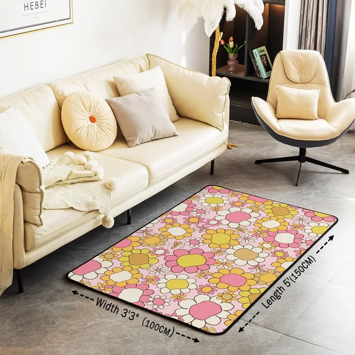 60s 70s Groovy Flower Area Rug for Bedroom Bedside,Hippie Funky Flower Living Room Rugs for Kids Boys Girls,Rainbow Vintage