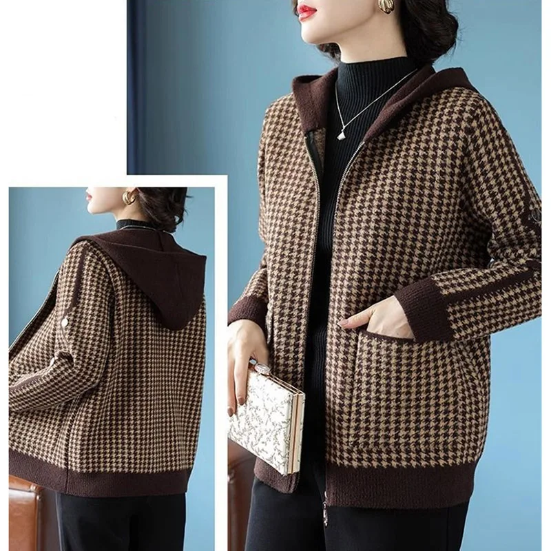 Veste d'hiver en fourrure de vison pour femme, manteau à grille mille oiseaux, réduction de l'âge, tenue vertébrale, cardigan pour femme, mode pour femme, 2024