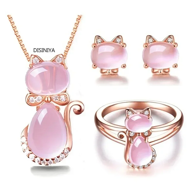 New Arrival Cute Rose Pink Opal Kitty Cat Pendant Necklace for Women Girls Children Gift Lovely Quartz Romantic Wedding Jewelry