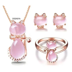 New Arrival Cute Rose Pink Opal Kitty Cat Pendant Necklace for Women Girls Children Gift Lovely Quartz Romantic Wedding Jewelry