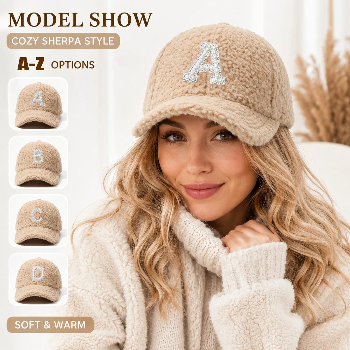 Women 26 Letters Baseball Cap, COffee Faux Fleece Hat with Pearl Rhinestone Letter A-Z Patch, Cozy Adjustable Winter Cap