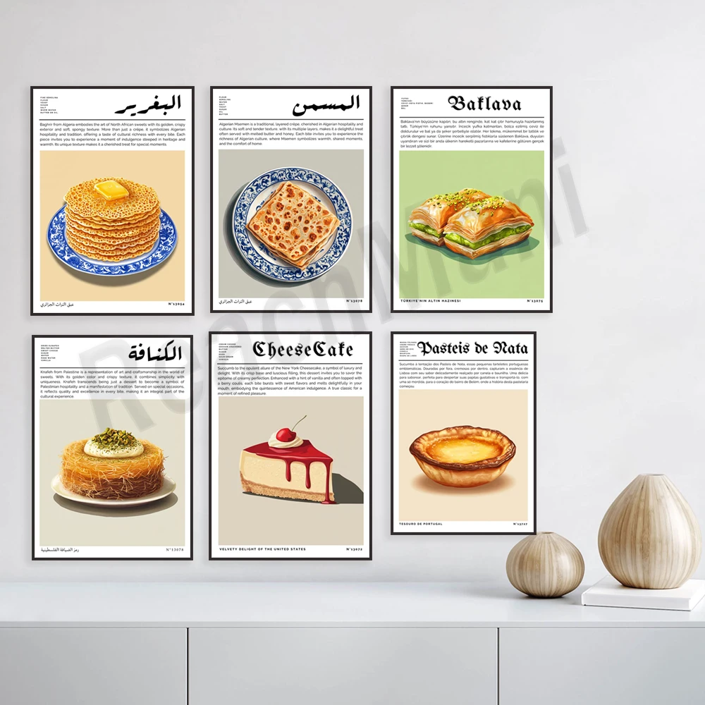 Turkish baklava, Portuguese egg tart, French croissant, American cheesecake, Algeria, Middle East travel print, kitchen poster