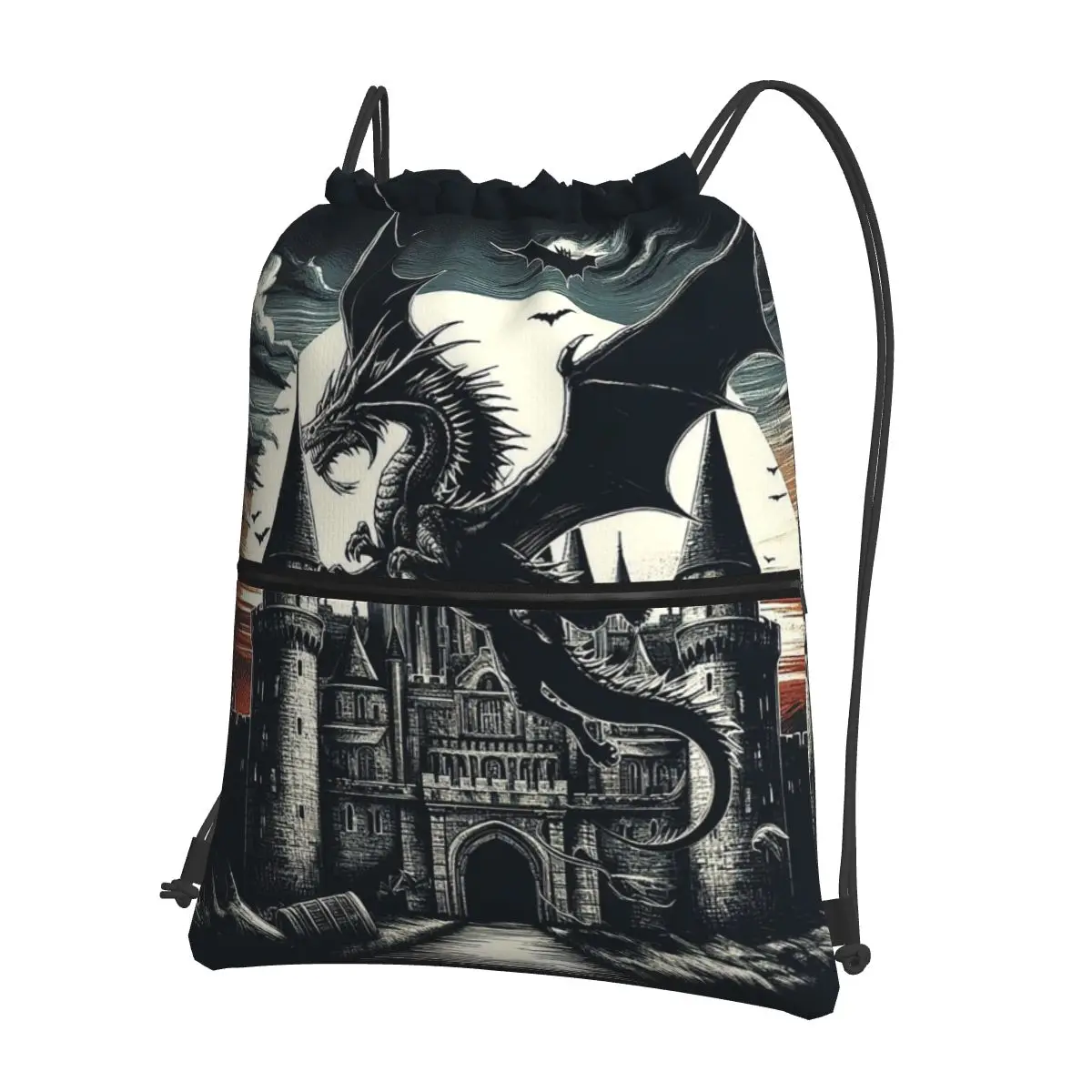 Fantasy Mythical Dragon And Castle Backpacks Multi-function Drawstring Bags Storage Bag Book Bags for Man Woman Students