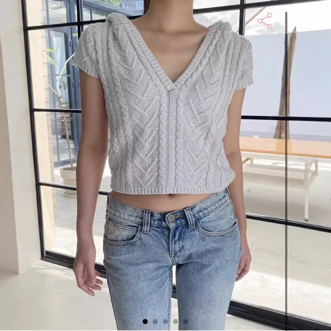 

Gray Knit Hooded Women T-shirt V-neck Short Sleeve Knitting Tees Shirt Autmn Spring Slim Streetwear Y2k Pullovers Top 2025 New