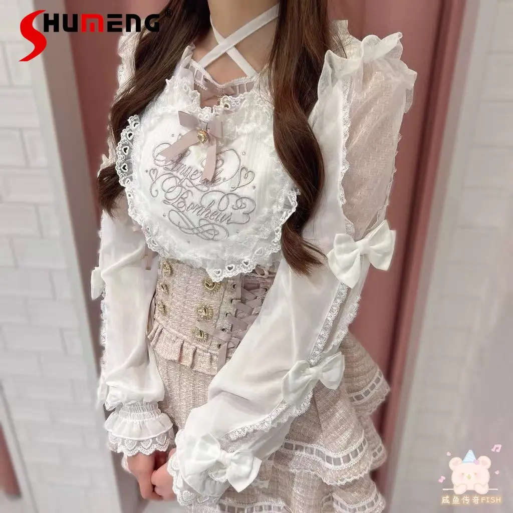 

Japanese Style Mass-Produced Sweet Cute Girl's LIZ Knitted Tops Big Heart Embroidery Bow Long-Sleeve Lolita Pullovers for Women