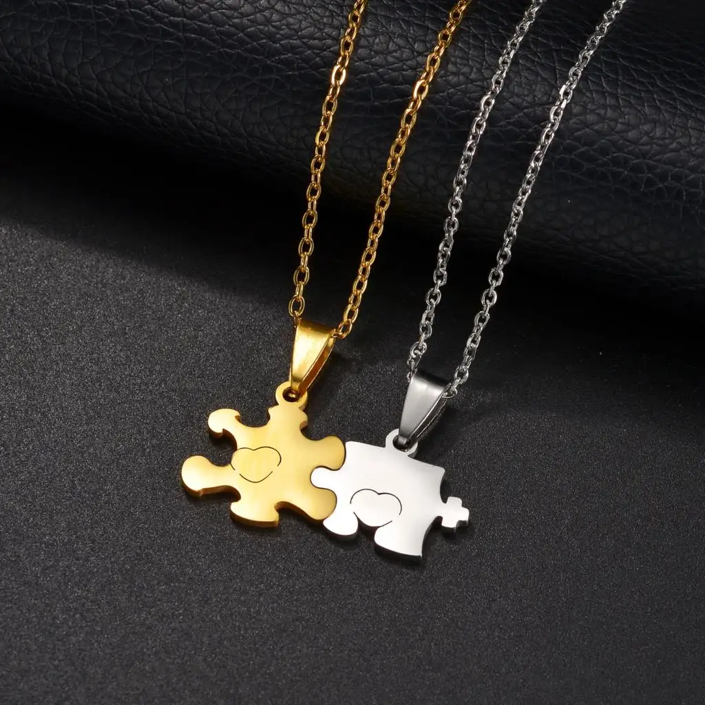 Women's Neck Chain Heart Puzzle Jigsaw Pendant Necklace Stainless Steel Gold Color Choker Party Jewelry Gifts for Lover